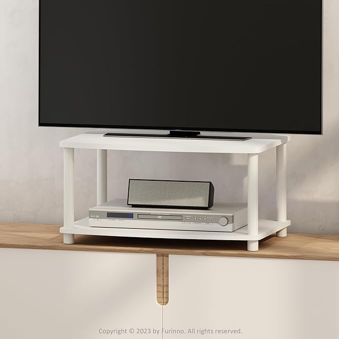 Furinno Turn-N-Tube TV Riser Stand, 2-Tier Small Elevated No Tools TV Stand, TV Console for TV up to 32 inch, 15.8 x 23.8 x 11, for Living Room, Bedroom, White