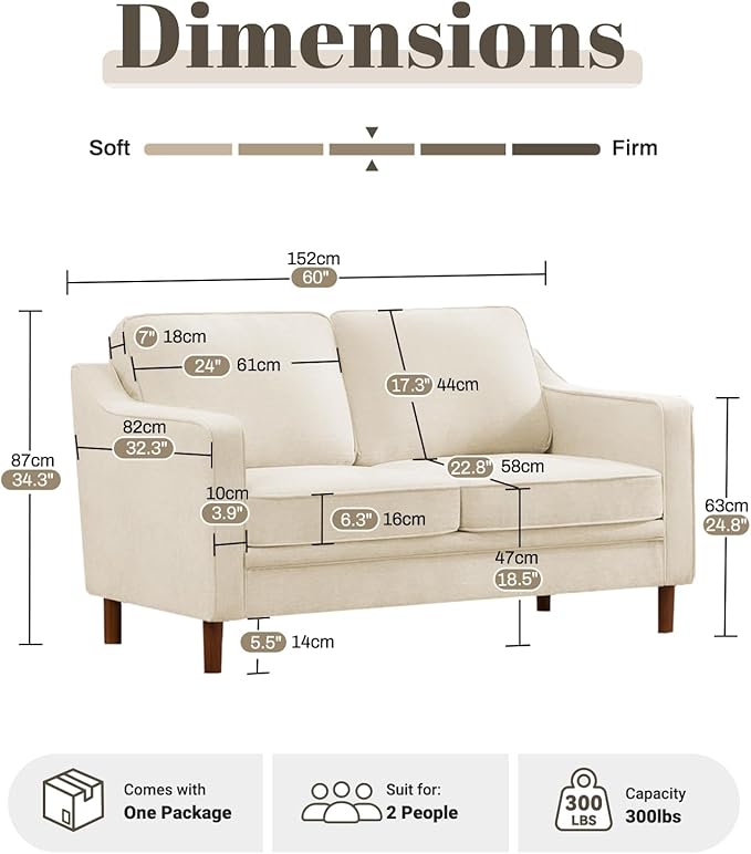 Kingfun 56" Chenille Sofa, Loveseat Couch, Mid Century Modern Love Seat Couches with Solid Wood Frame for Living Room & Bedroom, Beige