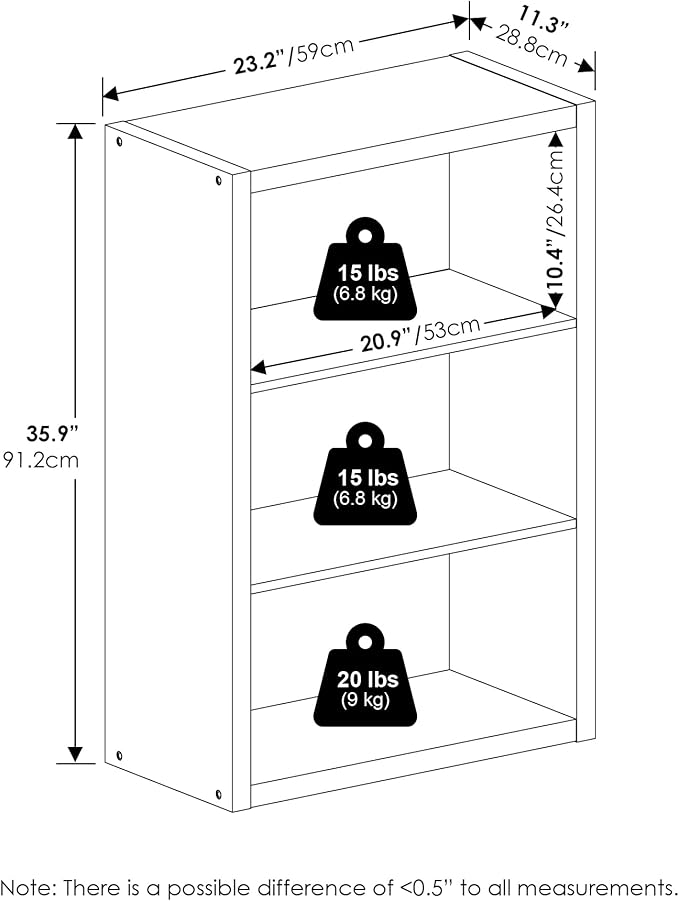 Furinno Viola Book Shelf, 3-Tier Bookshelf, Extra Thick Frame Bookcase with Open Shelf, Open Back Design, 11.3" x 23.2" x 35.9", for Living Room, Bedroom, Home Office, Amber Pine