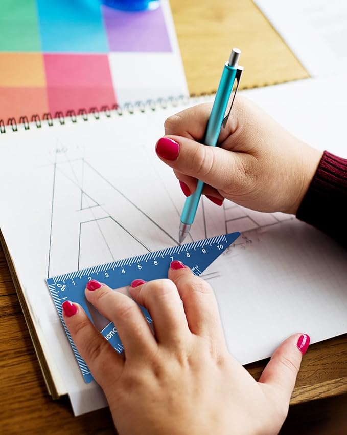Honagu Triangular Ruler Set, 4 Pieces Aluminum Alloy Ruler, Metal Drafting Ruler, Geometric Protractor for Students, Draftsmen, Engineers, Home School Office Supplies (20cm/7.87inches, Blue)