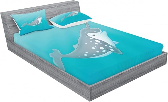 Ambesonne Narwhal 2 Pack Fitted Sheet & Pillow Sham Set, Cartoon Mammal Drawing, 4 Pcs Bedding Decor, Package Contains 2 Full Size Fitted Sheets & 4 Pillow Covers, Seafoam Grey White