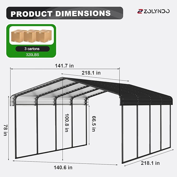 12x20FT Metal Carport Kits, Heavy Duty Car Ports on Clearance with Galvanized Metal Roof, Outdoor Garage Car Shelter Shade for Car, Boats and Truck (Dark Gray), Gift for Dad