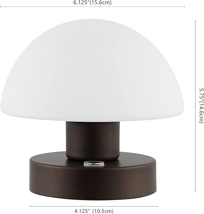 JONATHAN Y 5.75" Oil Rubbed Bronze Rechargeable Portable LED Table Lamp, Cordless Mushroom Accent Light for Bar, Nightstand, with Frosted White Glass Shade JYL7113A