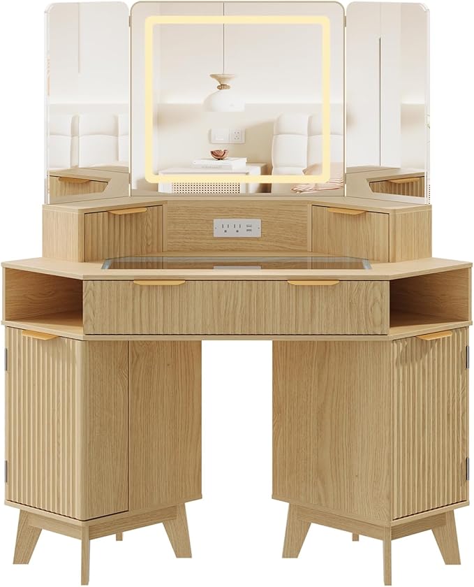 48 Inch Fluted Makeup Vanity Desk with Mirror and Lights, Modern Corner Makeup Vanity with Glass Top, Charging Outlet & 3-Panel Lighted Mirror, Dressing Table for Bedroom