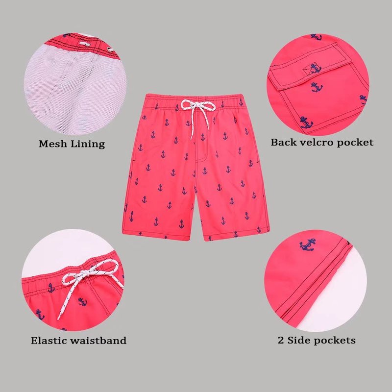 FREDRM Mens Swim Trunks Quick Dry Boardshorts with Mesh Lining Above Knee Swimwear Bathing Suits (Pink Anchor, M)