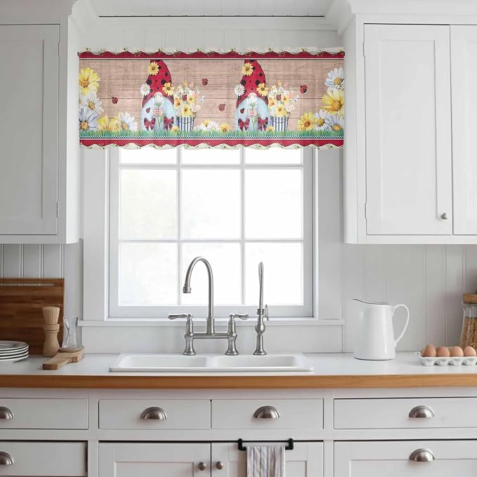 Ladybug Gnome Sheer Valance Curtains, Country Summer Rustic White Yellow Daisy