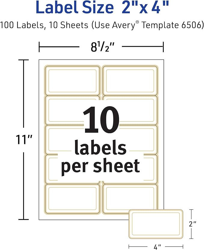 Avery Printable Rectangle Labels, 2" x 4" Blank Labels, Shipping, Matte White, Metallic Gold Border, Permanent Adhesive, Laser/Inkjet Printable, 100 Total (6506)