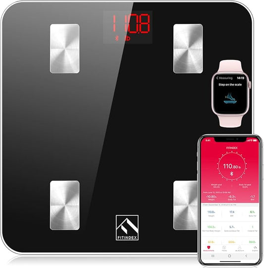 FITINDEX Scale with BMI, Body Fat, Muscle Mass, Smart Scale for Body Weight, Bluetooth, Digital, Sync with App, User Health Equipment, FSA HSA Eligible