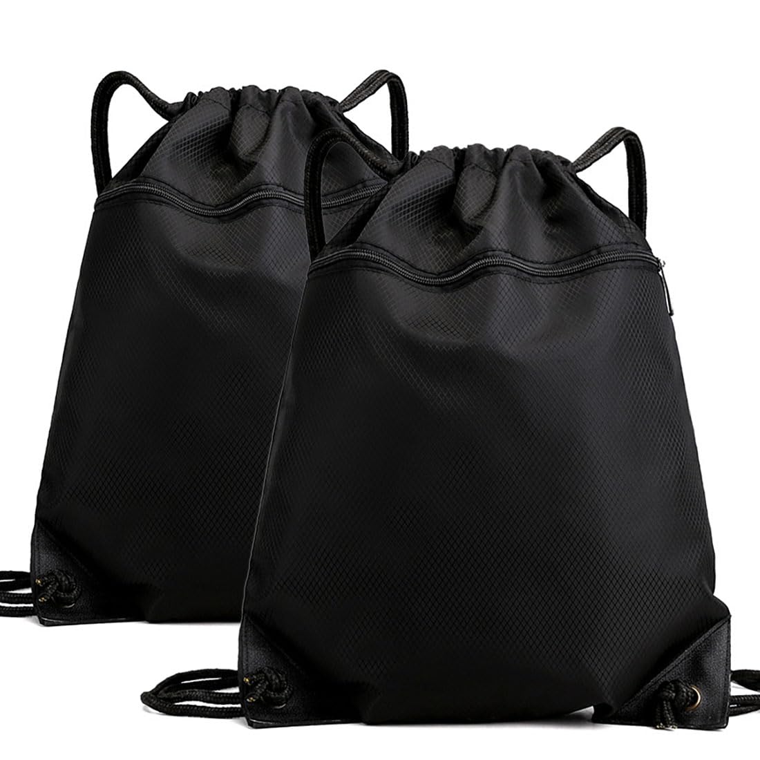 YINGKOR Drawstring Backpack Bag, Waterproof Draw String Back Sack with Zipper Pocket, Gym Drawstring Backpack Swimming Bag for Men Women, Pack of 2, Black