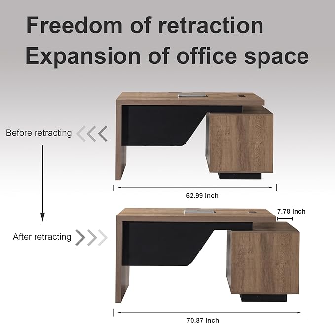 Modern Executive Desk, Rectangle Office Desk with Storage Cabinet, Width Adjustable Standing Desks, Stand Under Table Storage Organizer, Wood