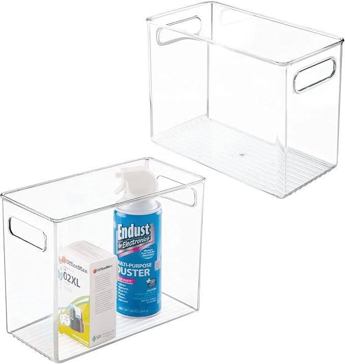 mDesign Tall Plastic Office Storage Bin with Handles - Organizer Bins for Cabinets, Drawers, Desks, Workspace - Containers and Baskets for Pens, Pencils, Highlighters and Notebooks - 2 Pack - Clear
