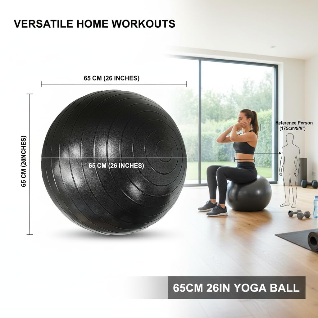 UMEUKEJI Anti-Burst Yoga Ball with Quick Pump, Non-Slip Stability Ball for Exercise, Home Office, 65cm(26in) Black