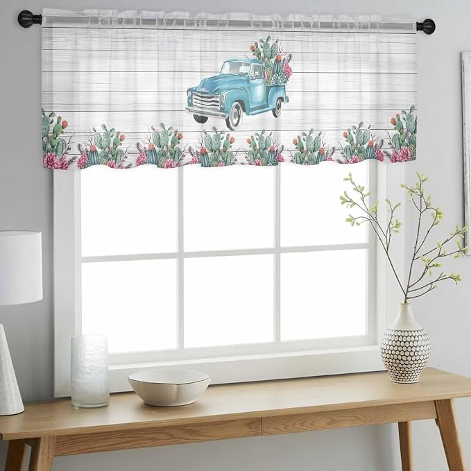 Farmhouse Sheer Valance Curtains, Summer Blue Car