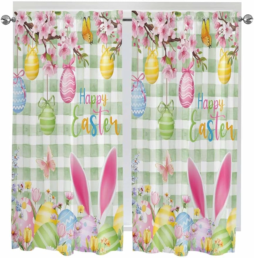 Happy Easter Bedroom Curtains 63 Inches length, Spring Bunny Eggs Flower Sage