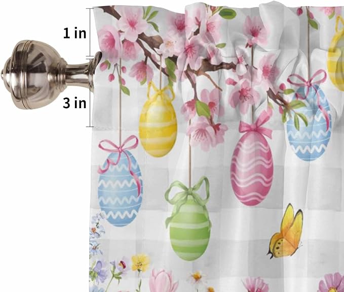 Happy Easter Half Window Curtain 36 Inches Long, Spring Watercolor Bunny Eggs