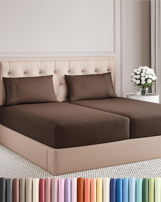 Split King Size 5 Piece Sheet Set - Comfy Breathable & Cooling Bed Sheets Set - Hotel Luxury Bedding for Women, Men, Kids, Teens, Boys & Girls - Deep Pockets, Soft and Wrinkle Free - Oeko-Tex - Brown