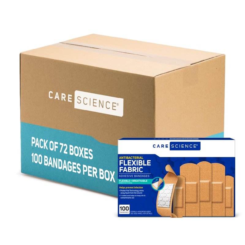 Care Science Antibacterial Fabric Adhesive Bandages, 100 ct Assorted Sizes (Pack of 72) | Flexible + Breathable Protection Helps Prevent Infection for First Aid and Wound Care