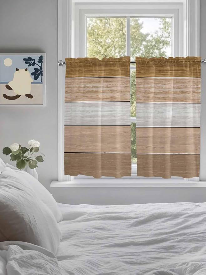 Retro Farm Wood Board Window Valance Curtains, 2 Panel