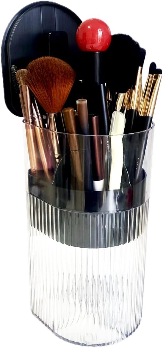 Makeup Brush Holder with Lid, One-Hand Press Open/Close Mechanism Cosmetic Tools Organizer, Clear Waterproof Dustproof Make Up Storage for Vanity, Bathroom Countertop-Black-Red Ball