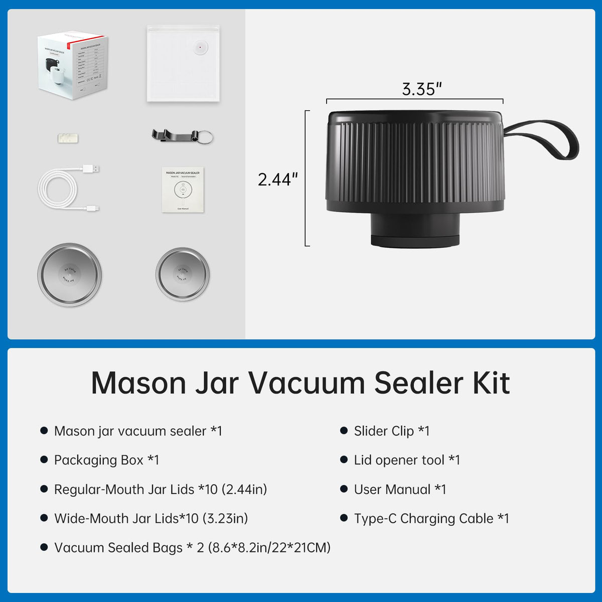Electric Mason Jar Vacuum Sealer Kit, 3-in-1 Handheld Automatic Vacuum Sealer for Mason Jars, Food Savers & Containers | Ideal for Canning Jams, Pickles, Dry Foods, Grains | Present for Mom, Black
