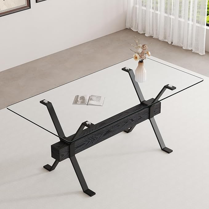 Glass Dining Table 71"｜Modern Dining Table for 6｜0.4" Thick Tempered Glass Top｜Matte Black Metal Legs｜Black Crossbar｜Easy Assembly｜Perfect for Dining Room or Kitchen