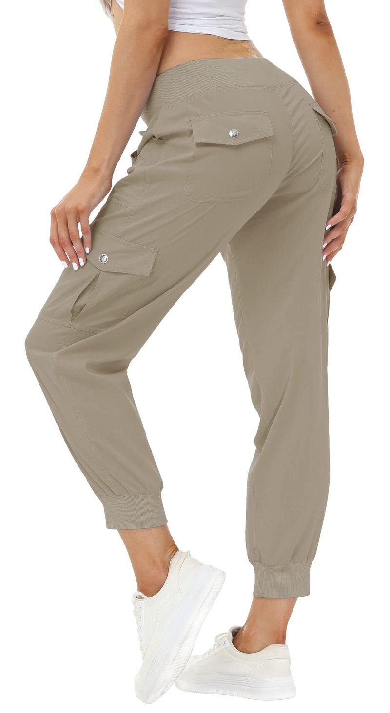 MoFiz Women's Cargo Pants Hiking Joggers Summer Lightweight Quick Dry Athletic Outdoor Sports Sweatpants Travel Casual Button Pockets Khaki 2XL