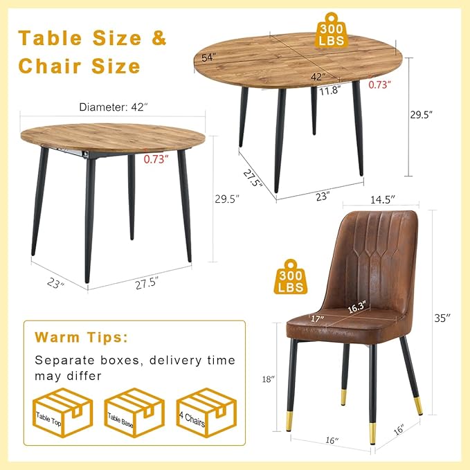 Round Dining Table Set for 4, 42"-54" Extendable Dining Table Set for 4, 0.73" Thick Wood Tabletop with Smooth Edge, Black Metal Leg with Non-slip Footmat, 4 Soft PU Chairs, Small Space, Easy Assembly