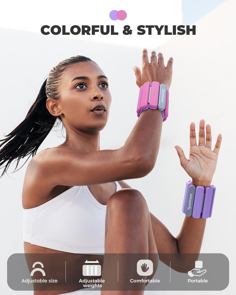 Sportneer Wrist & Ankle Weights for Women Men 4 lbs (2 lb Each) Adjustable Silicone Weighted Bracelet Set for Gym Yoga Pilates Cardio Strength Training Wearable Arm Hand Workout Weights