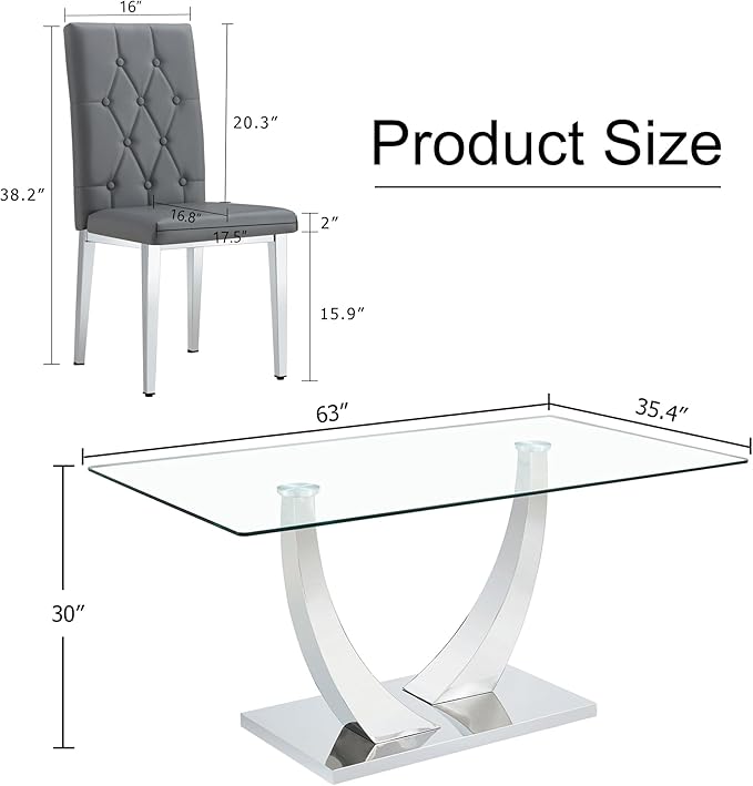 Modern Dining Table for 6, Glass & PU Leather 6-Chair Set, Silver U-Shaped Legs