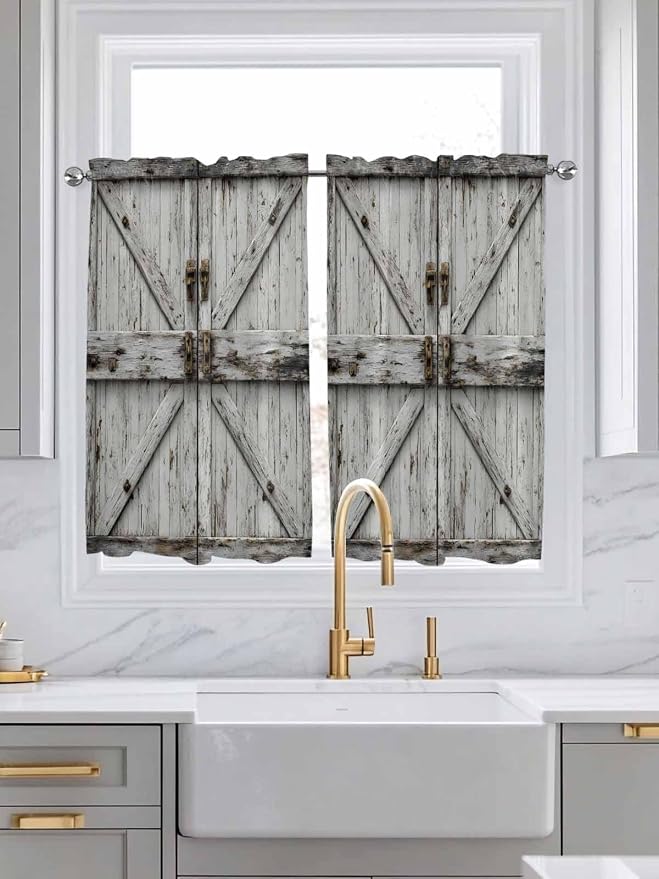 Vintage Gate Tier Curtains 45 Inches Long, Farmhouse Wooden Grain Shabby Chic