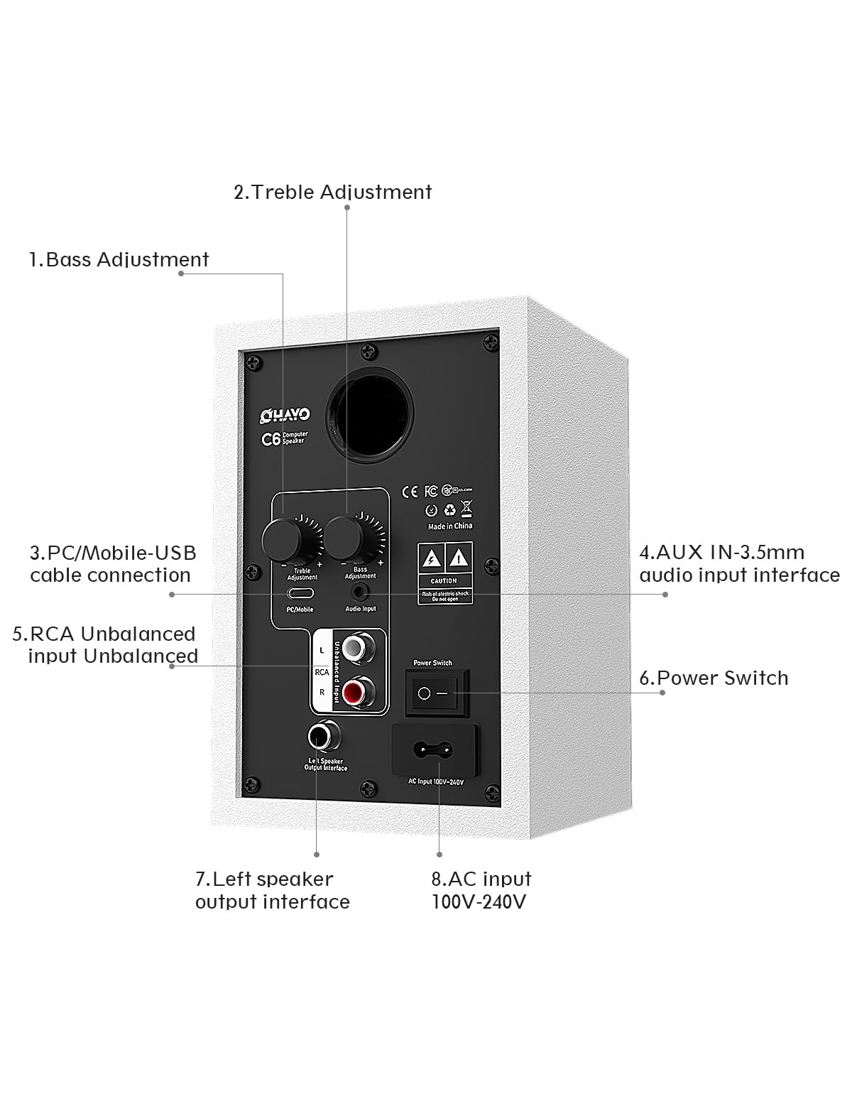OHAYO 60W Computer Speakers for Gaming and Music, Active Bluetooth 5.3, Stereo 2.0 Speakers for Desktop PC Monitor or Laptop, Surround Sound Speaker, 3.5 mm Aux RCA Input, USB-Powered, 1 Pair, White