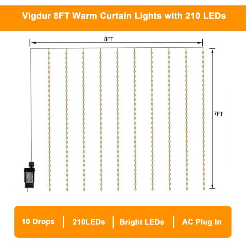 Vigdur Led Curtain String Lights, 8FT Window Fairy Lights for Bedroom with 210 Warm LEDs, Hanging Twinkle Indoor String Light for Party Wedding Garden Wall Decor(8 * 7ft)