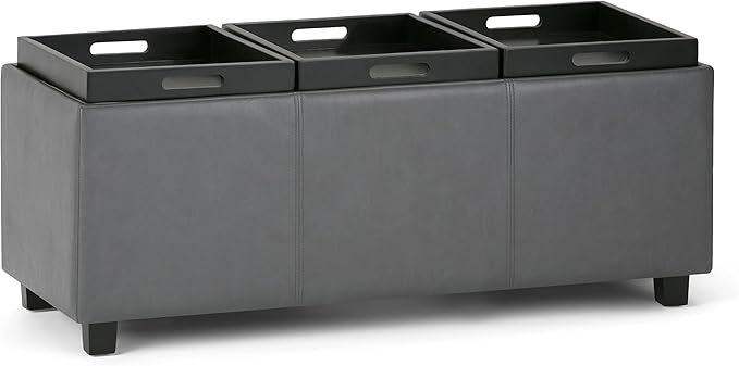 SIMPLIHOME Avalon Storage Ottoman - 42 inch Wide Upholstered Vegan Leather Rectangular Flip-Top Ottoman in Stone Grey, Contemporary Coffee Table Ottoman for Living Room with Hidden Storage