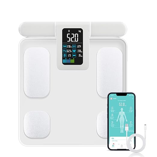 Fitdays Smart Body Fat Scale | Advanced 8-Electrode Technology for BMI/20+ Body Metrics | Full-Color LED & High Precision | Bathroom Weight Scale for Fitness/Weight Loss |(FG2015ULB-White)