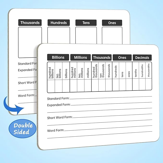 Place Value Board 9" x 12" Double Sided Dry Erase Boards for Students for Teaching Place Values from Billions to Decimal Numbers Math Manipulative Lapboard for Home School and Classroom