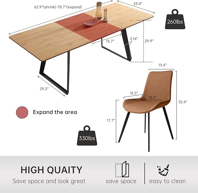 ZckyCine 63"-79" Expandable Dining Table Set for 6, Wood Table & 6 Brown Chairs, Extendable Kitchen Dining Table Set for Kitchen & Dining Room, Modern Oak & Brown