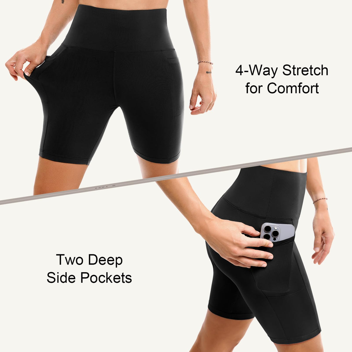Leafigure 2 Pack Womens Biker Shorts with Pockets, High Waisted Tummy Control Yoga Shorts for Women Running Gym and Workout Black/Brown S-M