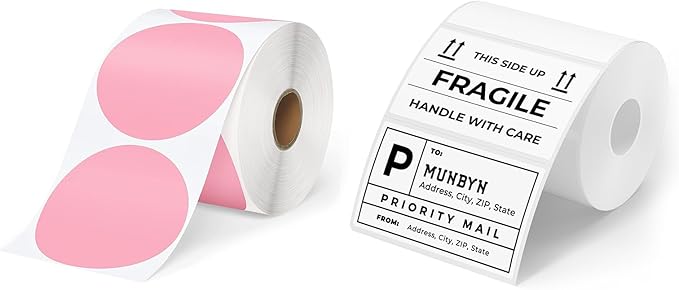 MUNBYN 3" Pink Circle & 3x2" White Thermal Sticker Labels - 1000 Count (500 Pink, 500 White) - Compatible with Munbyn, Rollo, Idrpt & More