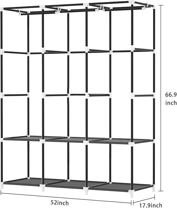 LOKEME Portable Closet, Portable Closets for Hanging Clothes with 3 Hanging Rods and 6 Storage Shelves and 4 Side Pockets, Black Wardrobe Closet Easy to Assemble and Strong and Stable