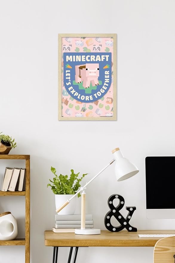 Trends International Minecraft - Let's Explore Together Wall Poster, 22.4L x 14.7W, Blonde Framed Version