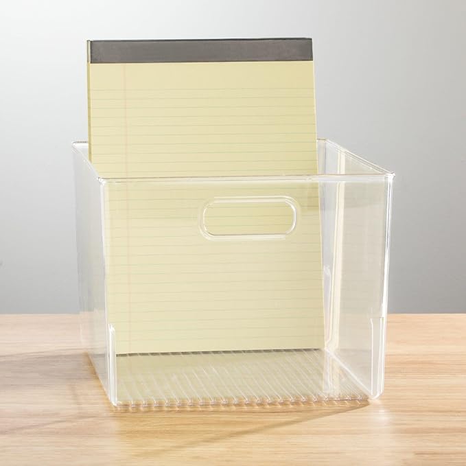 mDesign Plastic Stackable Bin Storage Organizer Basket Container with Handle for Home Office, Kitchen Cabinet, Pantry Shelf Organization - Holds Notebook, Books, Food - Ligne Collection, 4 Pack, Clear