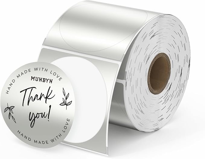 MUNBYN 2 Inch Circle Thermal Sticker Labels Silver, Self-Adhesive Direct Round Thermal Printer Labels for DIY Logo Design, QR Code, 500 Sheets/Roll