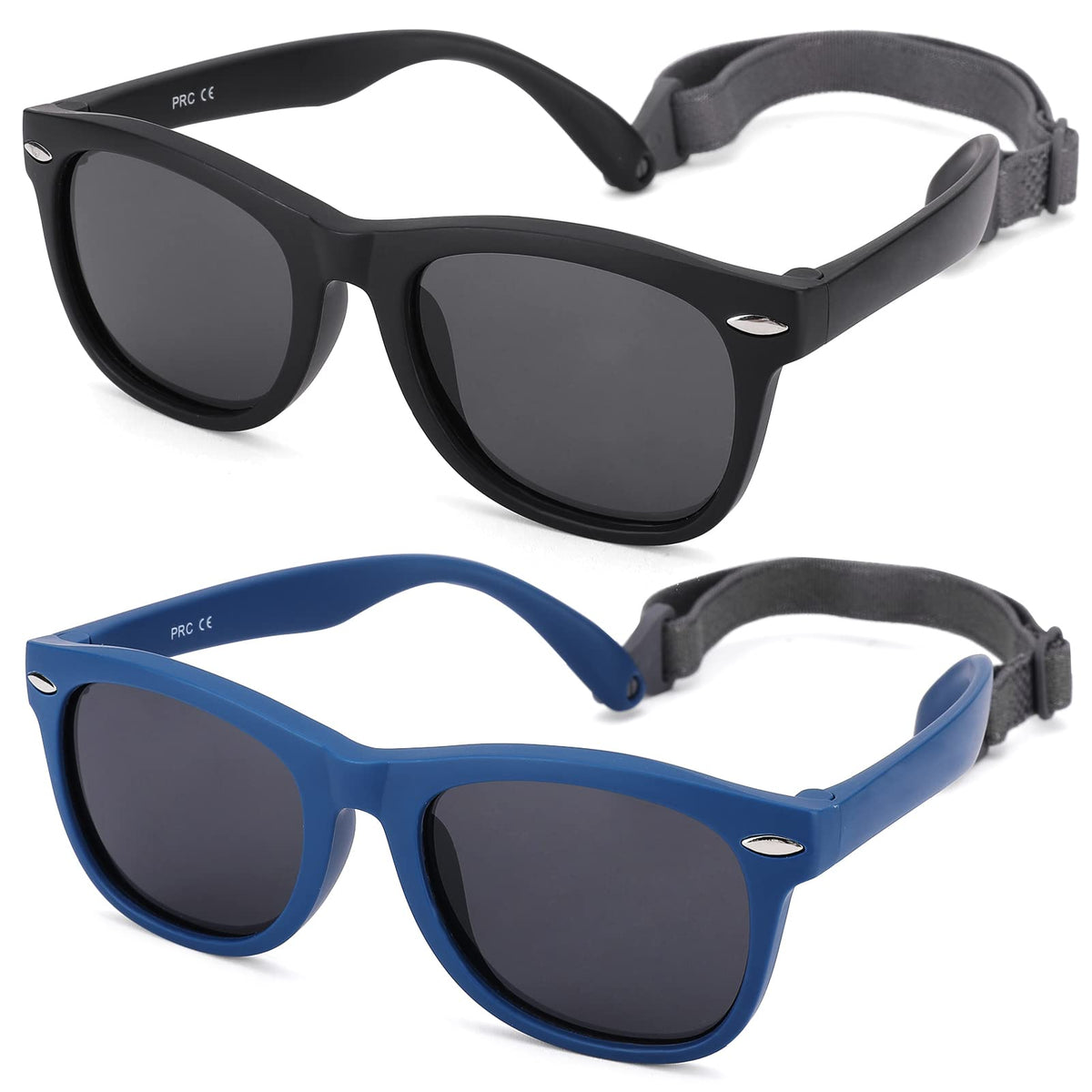 NULOOQ Polarized Baby Sunglasses with Strap - Unbreakable Flexible Infant Sunglasses for Toddlers Age 0-24 Months (Matte Black/Gray + Matte Blue/Gray) - 2 Pack