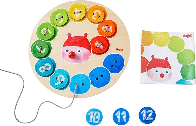 HABA Caterpillar Rainbow Preschool Learning Activity with Colors & Numbers, Threading Game & Fine Motor Skills Toy for Kids, Lacing Cards for Kids Ages 3+
