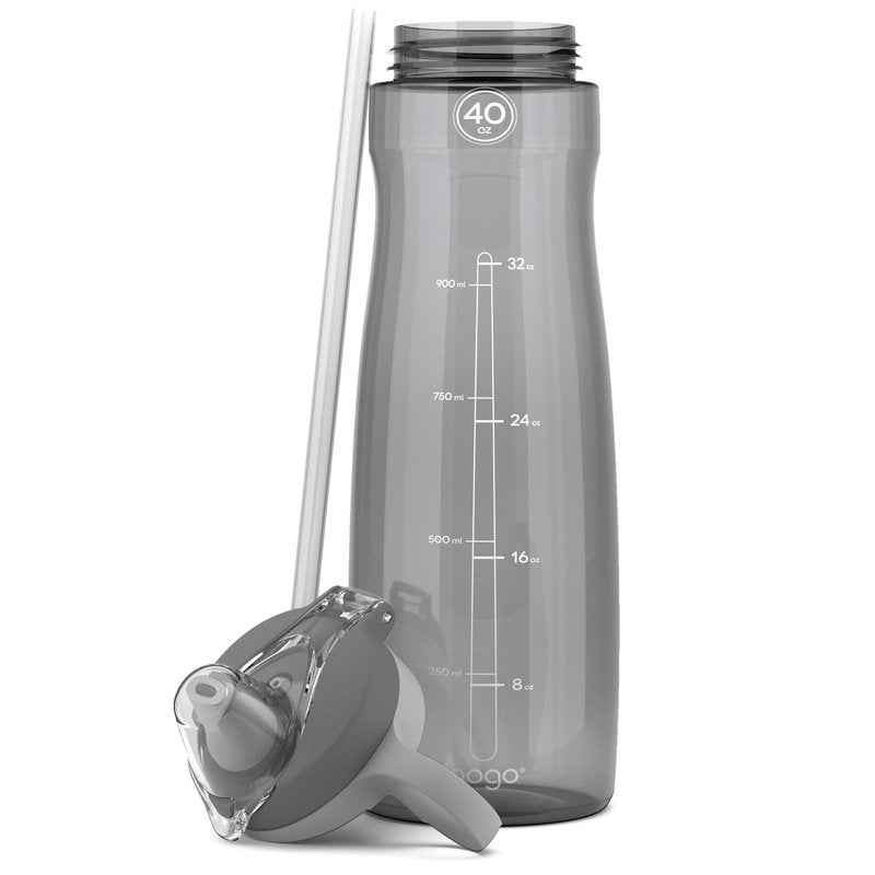 Pogo BPA-Free Tritan Plastic Water Bottle with Soft Straw, 40 Oz, Grey