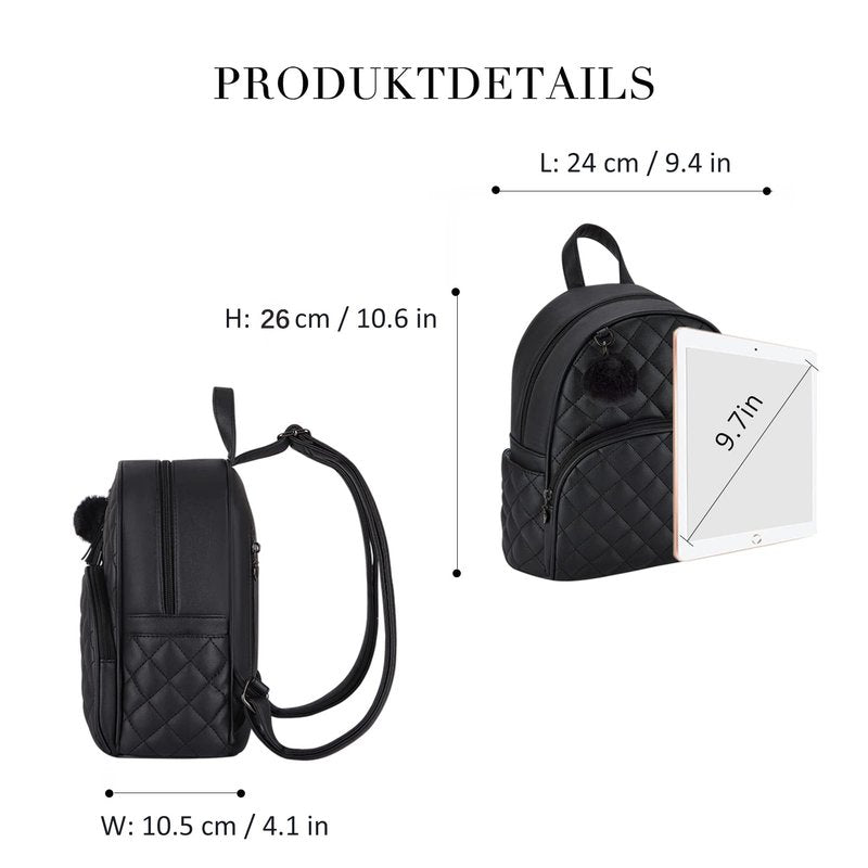 ECOSUSI Mini Backpack for Women Leather Small Backpack Purse for Ladies Cute Pom Bookbag Travel Shoulder Bag with Charm Tassel Black