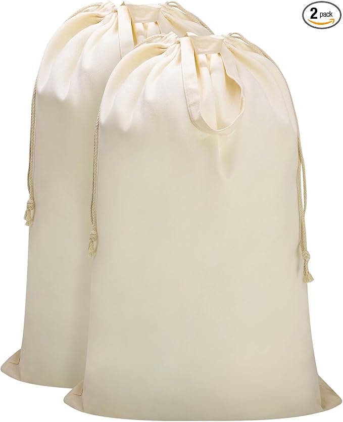 Canvas Laundry Bag with Handles & Drawstring 23.6"Wx35"H, Hanging Dirty Clothes Travel Bag, Heavy Duty Washable Laundry Sack (NOT Hamper Liner) - 2 Pack