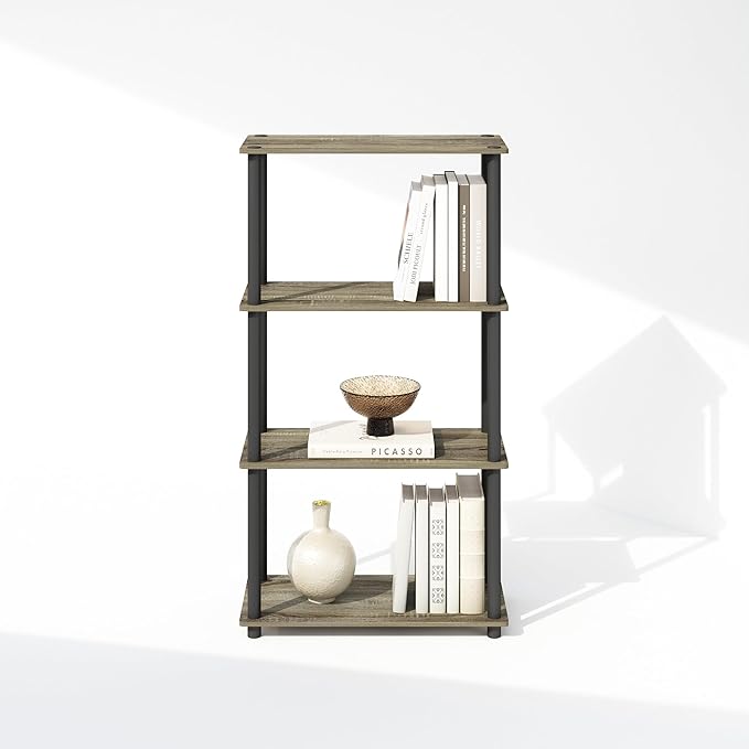 Furinno Turn-N-Tube Book Shelf, 4-Tier Bookshelf, Bookcase with Multipurpose Compact Display Rack, 11.6 x 23.6 x 43.2, for Living Room, Bedroom, Home Office, French Oak/Black