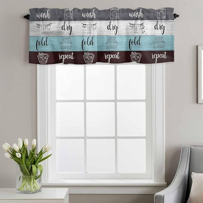 Laundry Rules Valances for Windows, Retro Blue White Wood Board Grain Kitchen