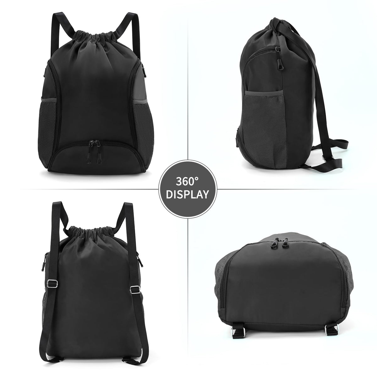 Valleycomfy Sports Gym Bag Drawstring Backpack with Shoes Basketball Bag and Two Water Bottle Holder,Black